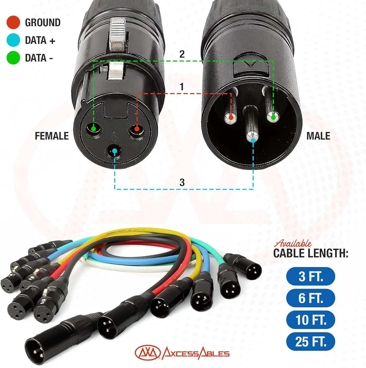3-Pin DMX XLR Male to Female Lighting Cable 6-Pack Multi-Color