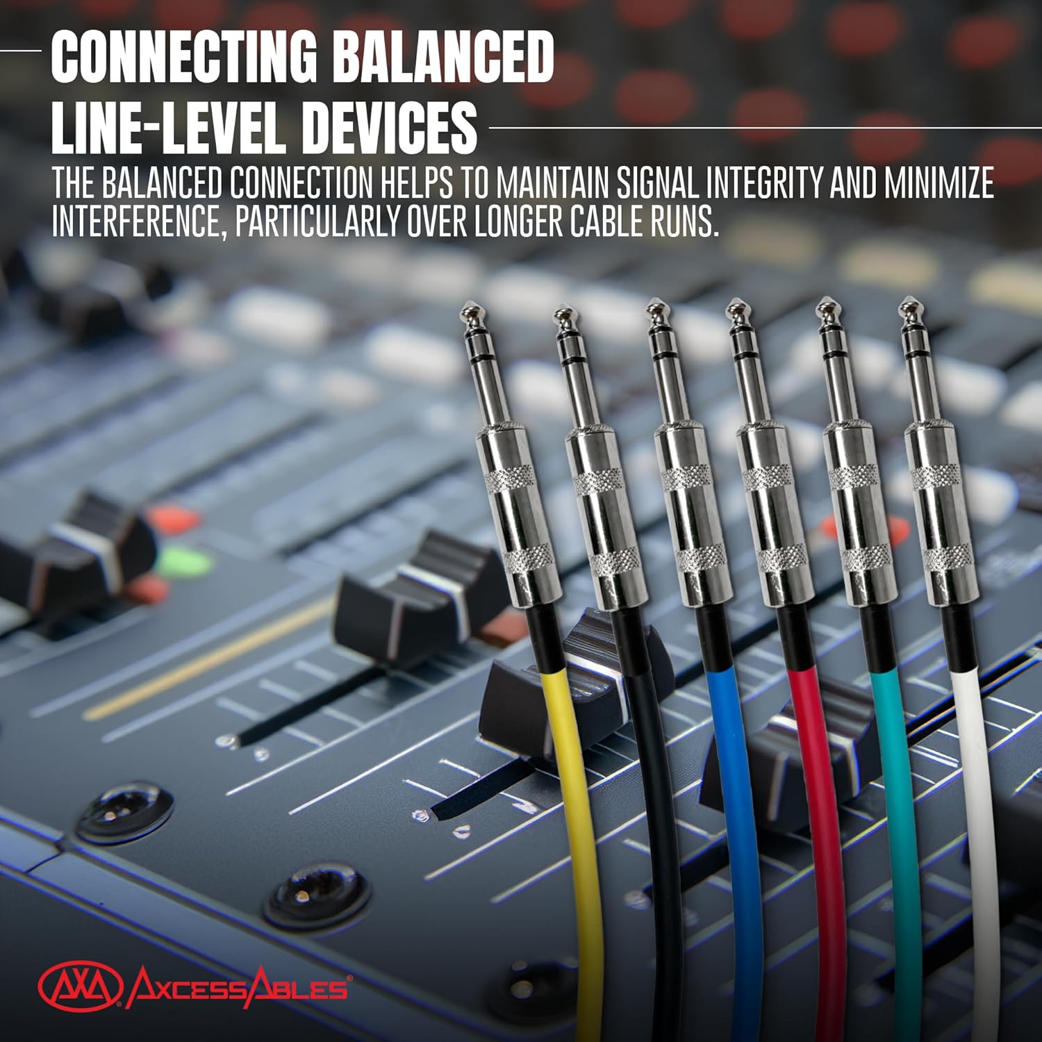 1/4-Inch TRS (Stereo) 3ft Multi-Colored Balanced Patch Cables Metal Connectors (6 Pack)
