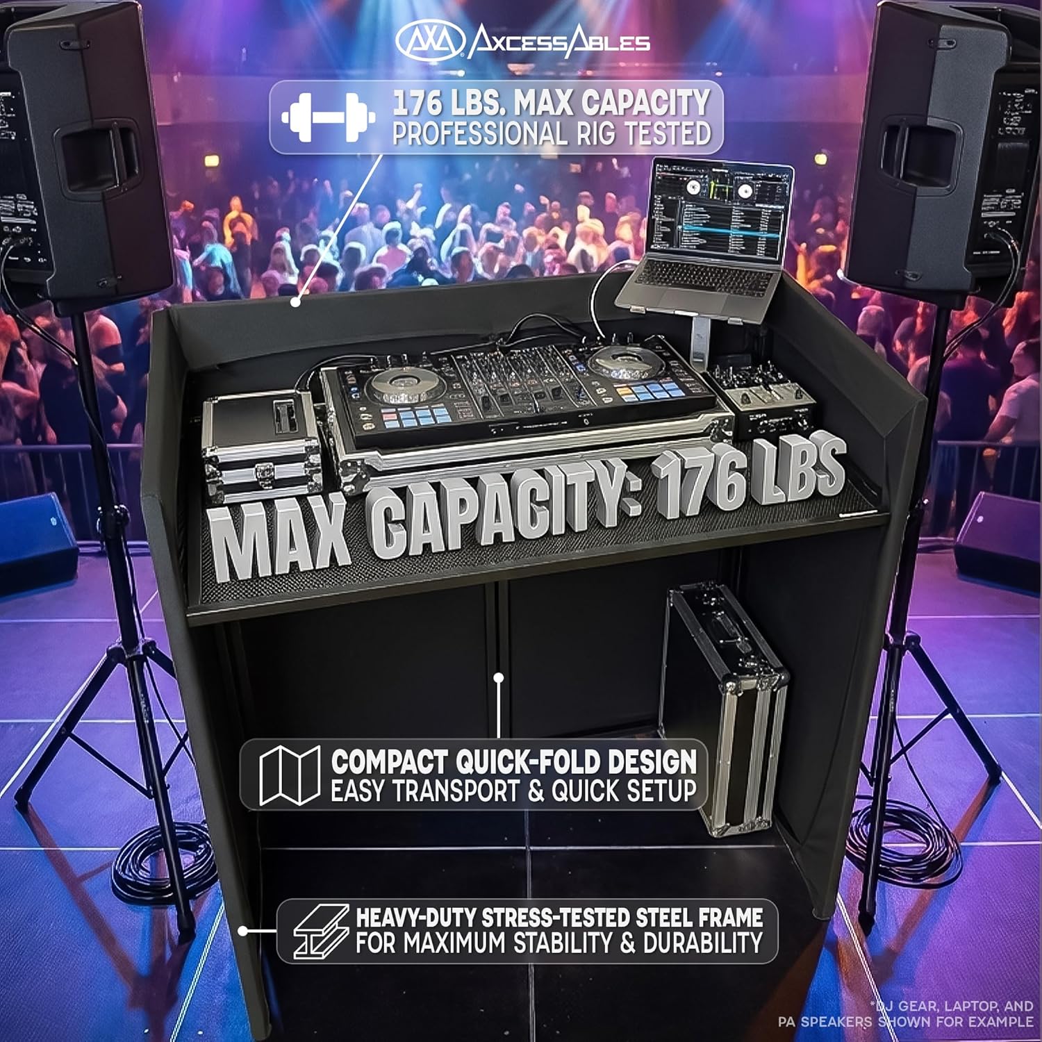 AxcessAbles Portable DJ Facade Booth with Carry Case – 40" x 20" Tabletop, Steel Frame, and Black & White Scrims