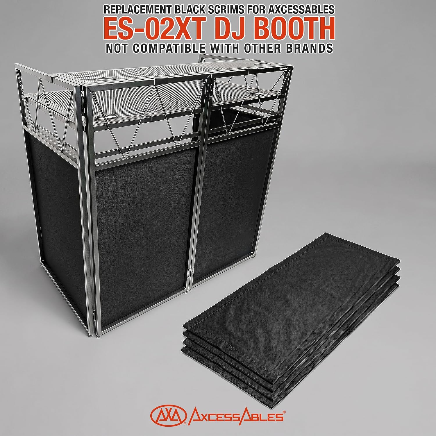 AxcessAbles ES-02XT Replacement Black Scrim Set of 4 for ES-02XT Two Tier DJ Facade Booth, Black Stretch Fabric Covers, Velcro-Attached Washable DJ Table Scrims for Professional DJ Booth Setup