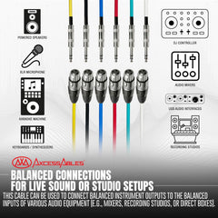 AxcessAbles XLR Female to 1/4" TRS Balanced 3ft Speaker Color Cable Pack | Balanced Speaker, Microphone Snake Cords (3ft - 6 Pack)