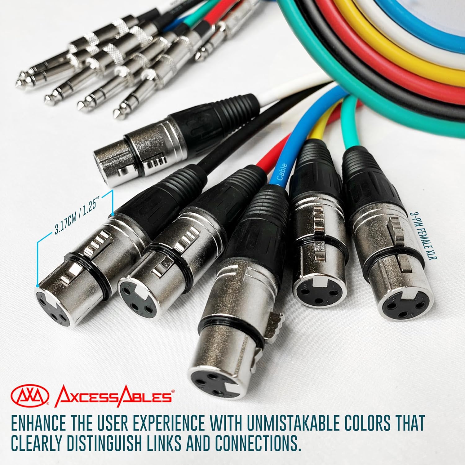 AxcessAbles XLR Female to 1/4" TRS Balanced 25ft Speaker Color Cable Pack | Balanced Speaker, Microphone Snake Cords (25ft - 6 Pack)