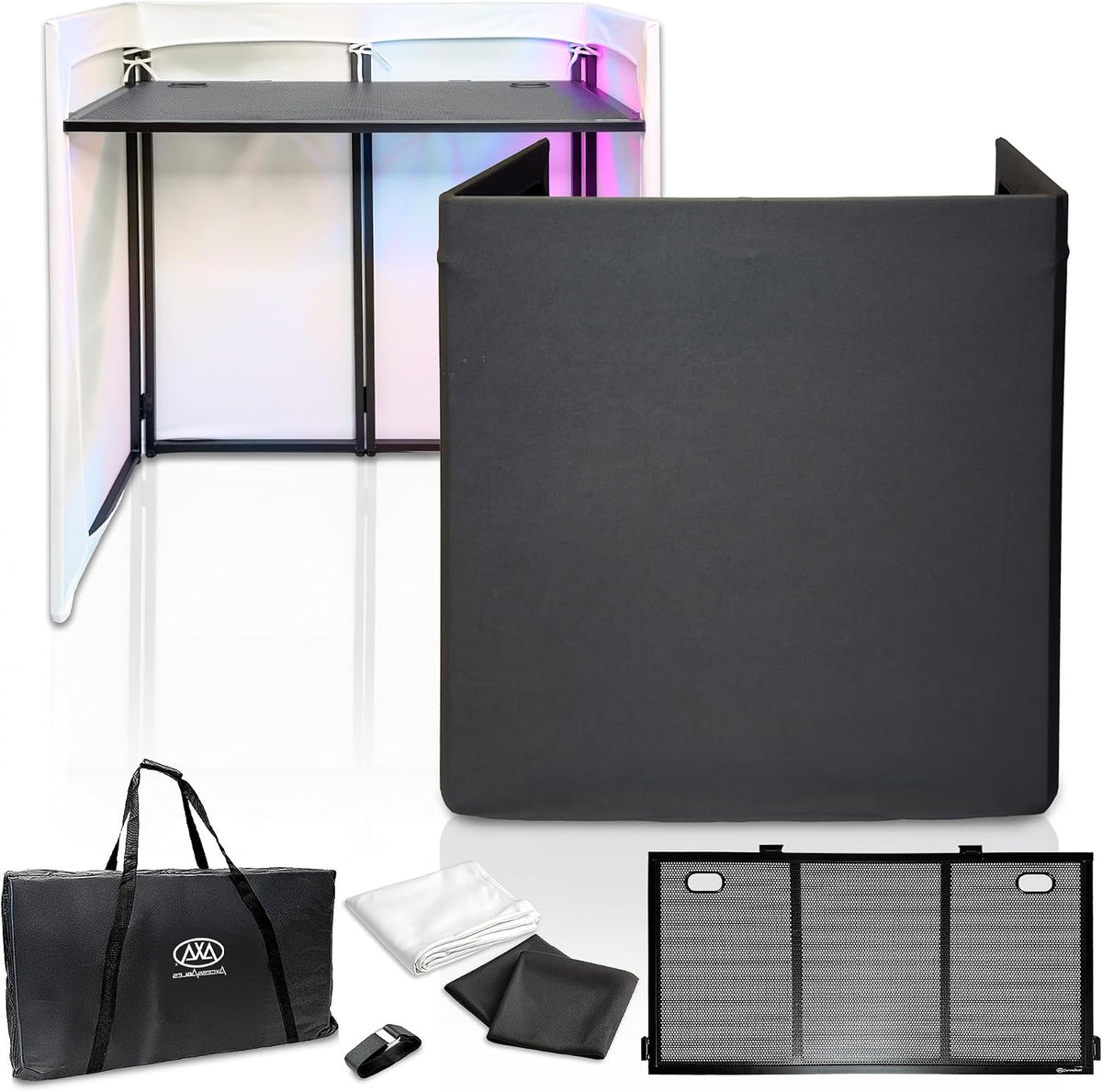 AxcessAbles Portable DJ Facade Booth with Carry Case – 40" x 20" Tabletop, Steel Frame, and Black & White Scrims