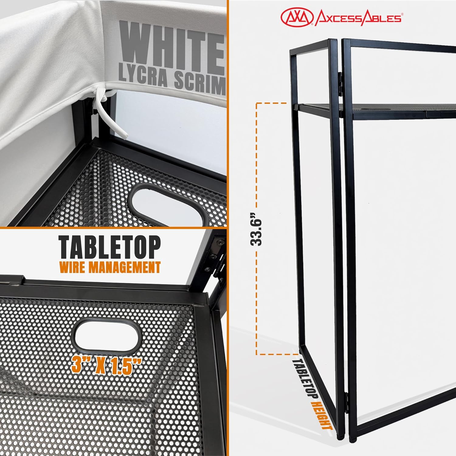 AxcessAbles Portable White DJ Facade Booth with Carry Case – 40" x 20" Tabletop, Steel Frame, and White Scrim | White DJ Table | Event Booth (ES-01X)