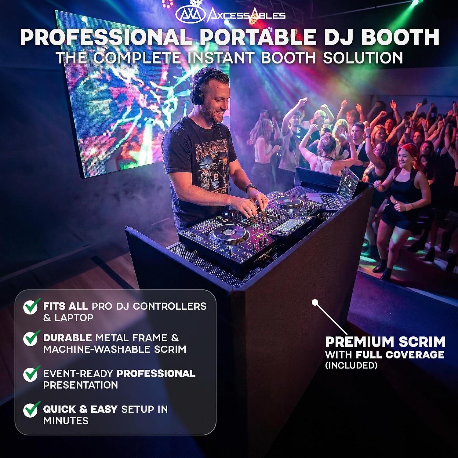 AxcessAbles Portable DJ Facade Booth with Carry Case – 40" x 20" Tabletop, Steel Frame, and Black & White Scrims