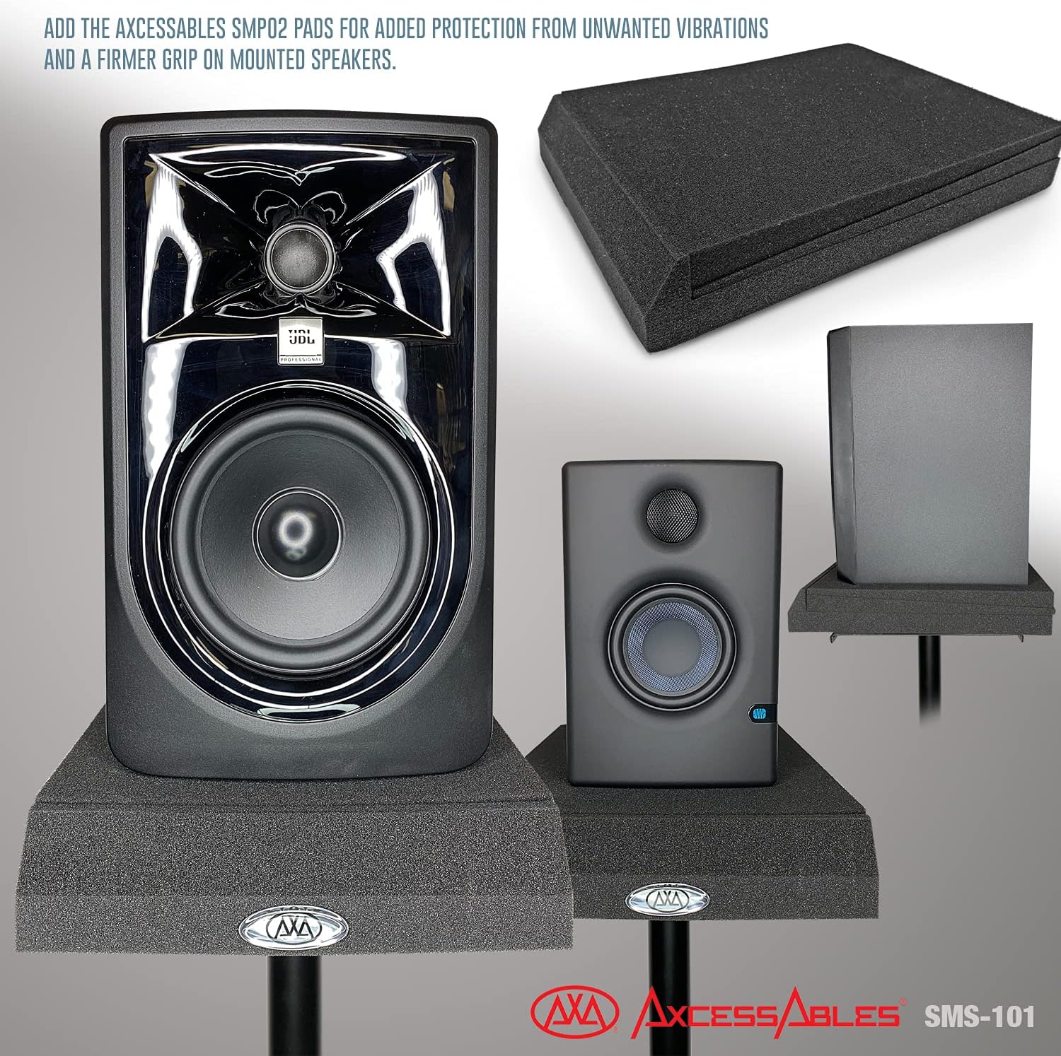 AxcessAbles Studio Monitor Speaker Stands Pair. 80lb Capacity per Stand. Adjustable Height 26" - 42". Metal Constructed Stands Ideal for Surround Sound, Bookshelf and Monitoring Speakers