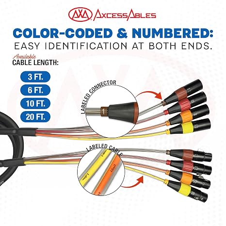 AxcessAbles 10 FT 4 Channel XLR Snake Cable, Color Coded Metal Connectors, XLR Male to XLR Female, 26AWG Oxygen Free Copper, for Live Recording Studios (1 Pack, 10 FT)