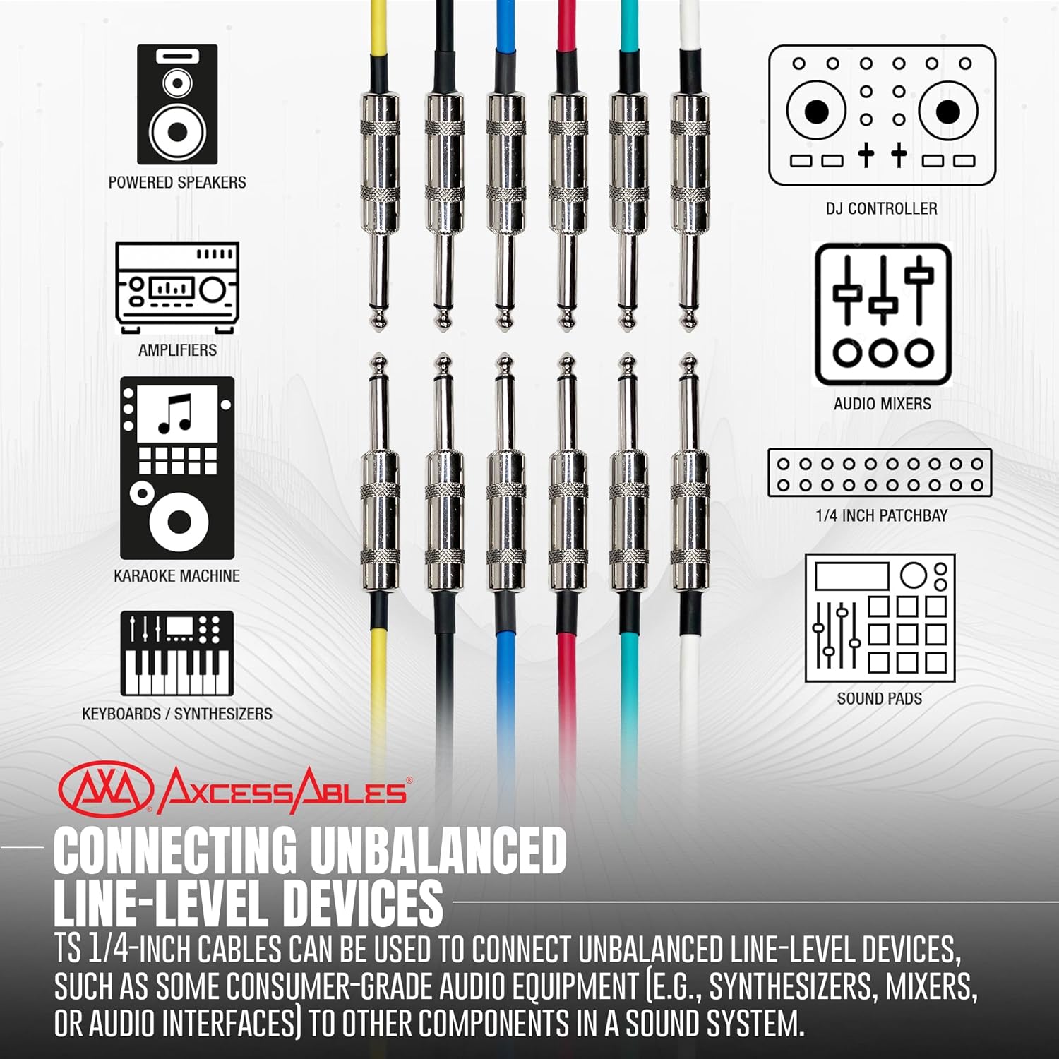 AxcessAbles Audio 6.35mm (1/4-Inch) TS Patch Cables, Guitar & Bass Amp Cables - Metal Connectors, OFC Copper Wire | TS 1/4" Guitar Cables | Male to Male 2ft Multicolor Mono TS Instrument Cords (2ft - 6 Pack)
