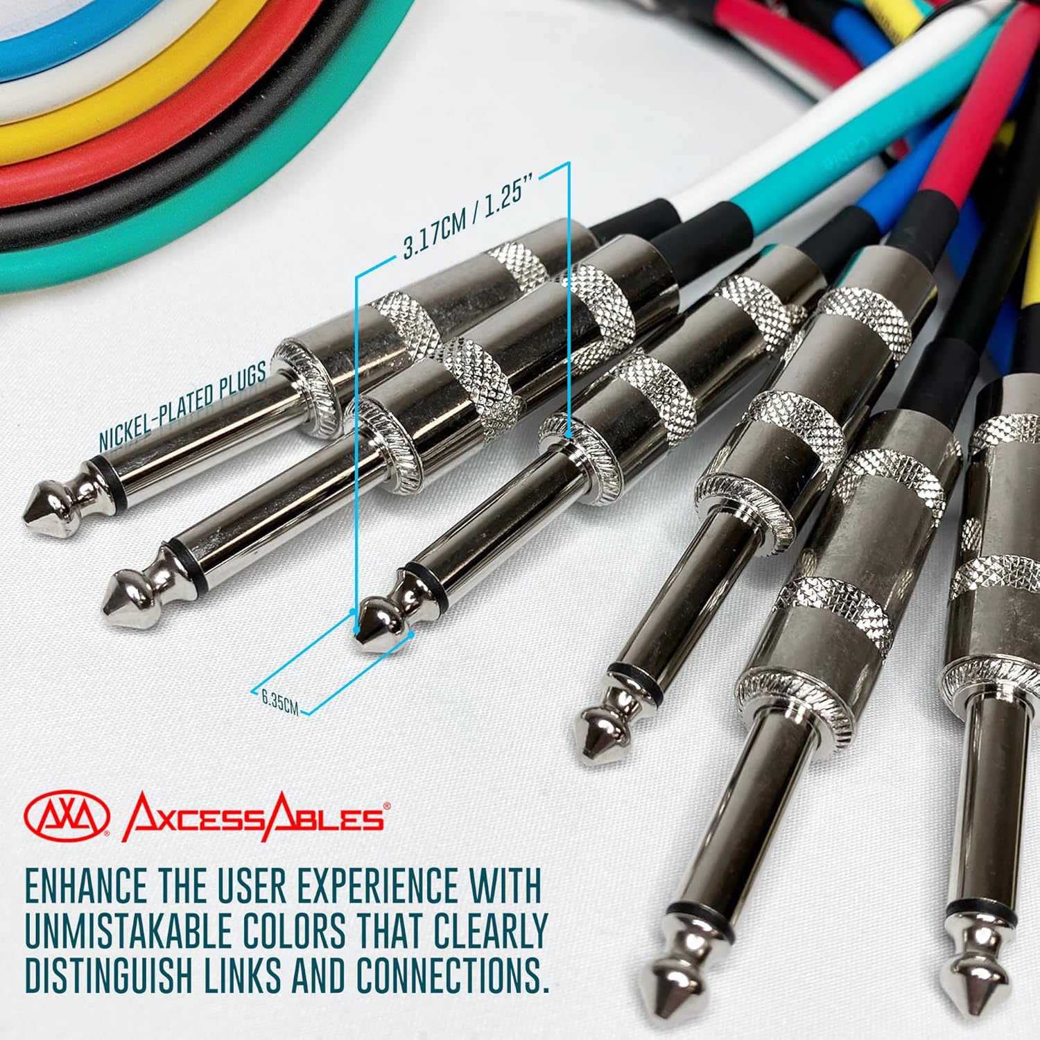 AxcessAbles Audio 1/4-Inch TS Speakers Guitar Cables- 20ft | TS 1/4" Guitar Cables| Male to Male 20ft Multicolor Instrument Cords (20ft - 6 Pack)