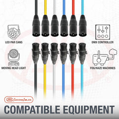 AxcessAbles 3-Pin XLR DMX Cables 6-Pack, 6 ft DMX Controller Compatible Lighting Cables, 22 AWG Oxygen-Free Copper Wiring, Multi-Color