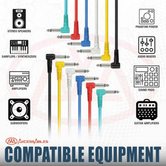 AxcessAbles 1/4" TS Right Angle Guitar Patch Cable, 6-Inch, 6-Pack, Multi-Color | Mono Unbalanced Instrument Cords for Guitar Pedals, Effects Pedals, Pedalboards, Patch Bays & Audio Equipment