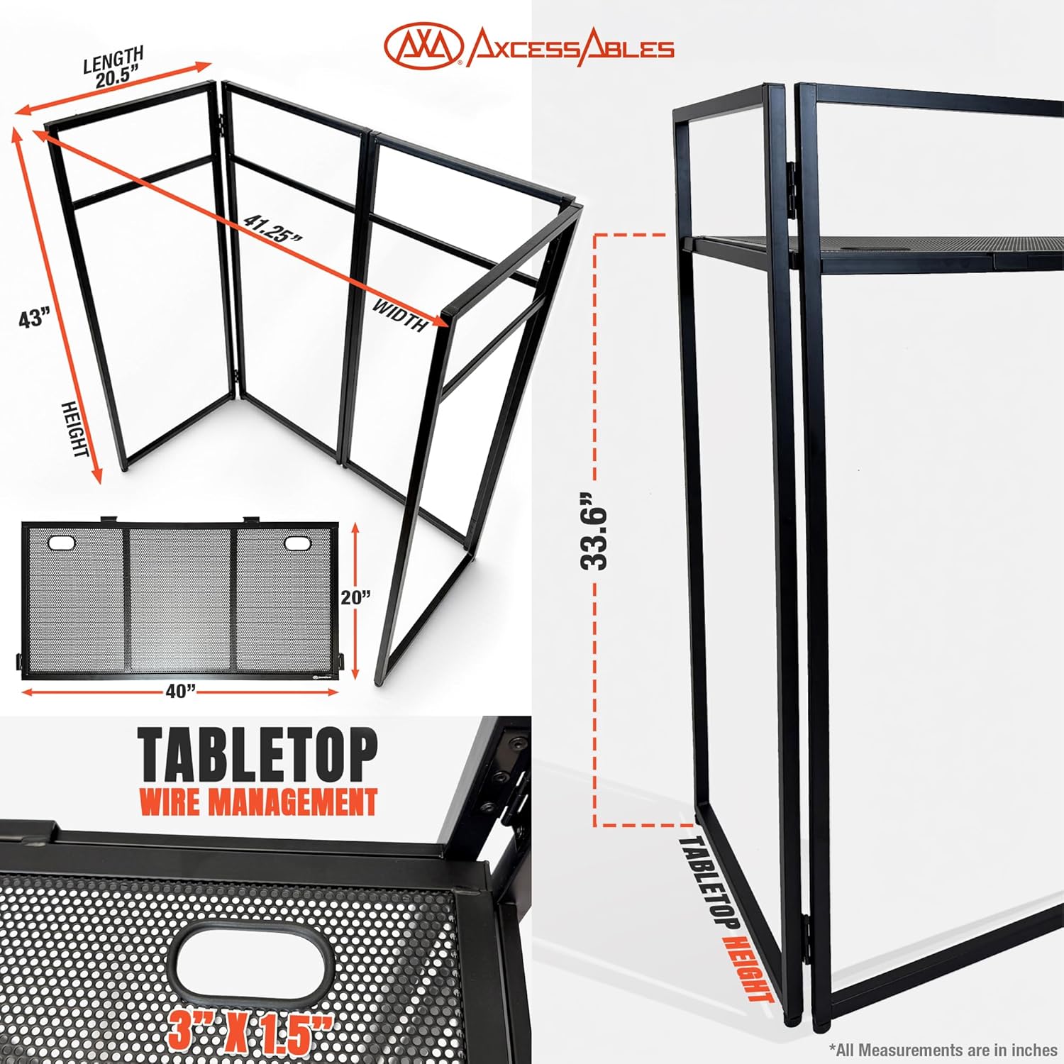 AxcessAbles Portable DJ Facade Booth with Carry Case – 40" x 20" Tabletop, Steel Frame, and Black & White Scrims