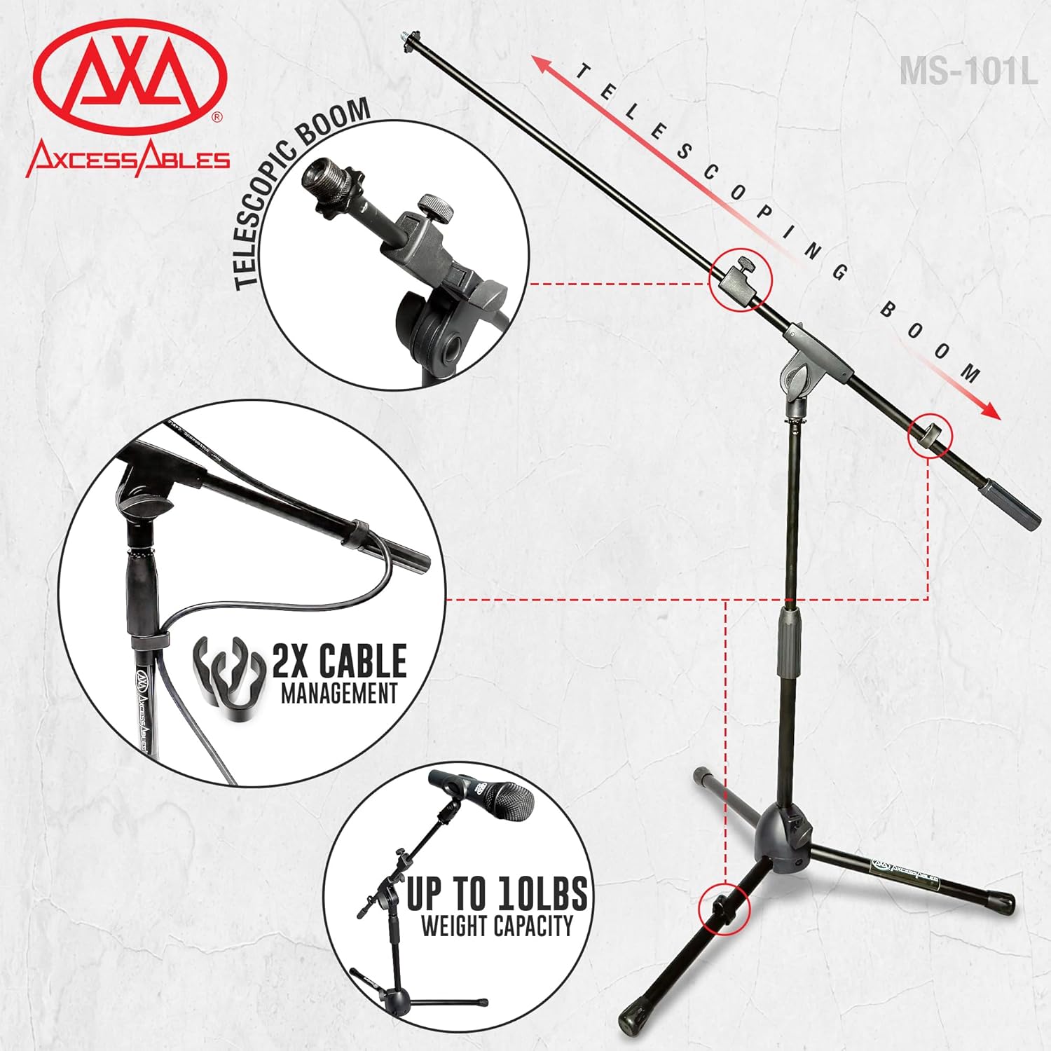 AxcessAbles Low-Profile Microphone Tripod Stand with Boom Arm | Adjustable Height Short Floor Mic Stand with Boom | Kick Drum Mike Stands | Guitar Amp Stands (2-Pack)