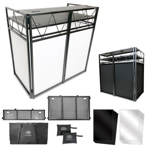 AxcessAbles Two-Tier Portable DJ Booth with 43" x 25" DJ Table | Adjustable Dual-Height Workstation | Black & White Facades, Carry Cases & Laptop Controller Stand