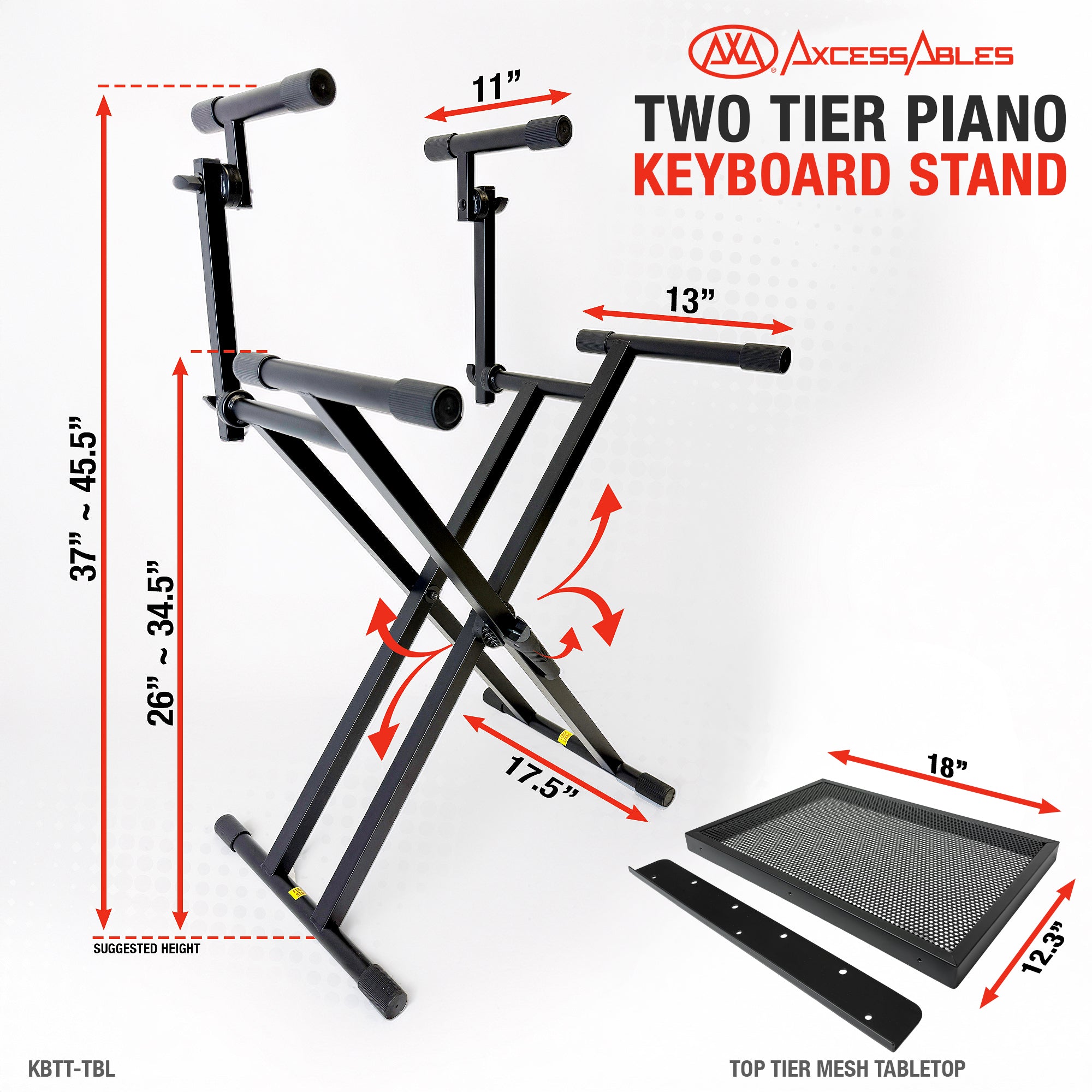 AxcessAbles Dual Tier Keyboard Stand – Heavy Duty Adjustable X-Style Piano Stand with 2nd Tier for 54/61/64/88-Key Digital Pianos, Synths, Laptops & Sheet Music