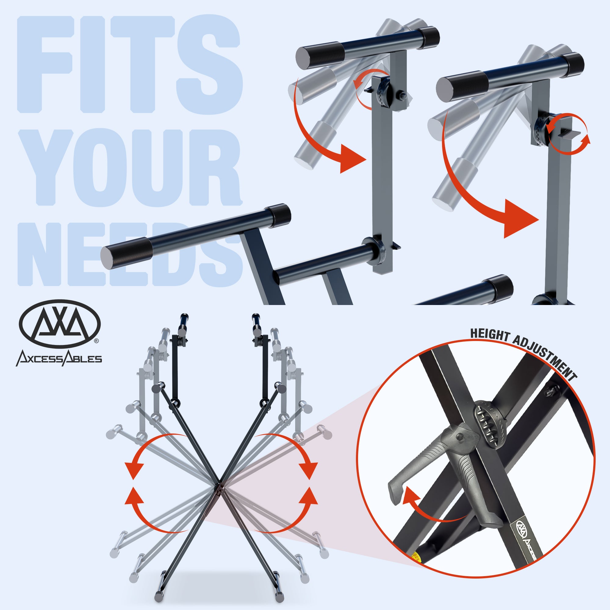 AxcessAbles Dual Tier Keyboard Stand – Heavy Duty Adjustable X-Style Piano Stand with 2nd Tier for 54/61/64/88-Key Digital Pianos, Synths, Laptops & Sheet Music