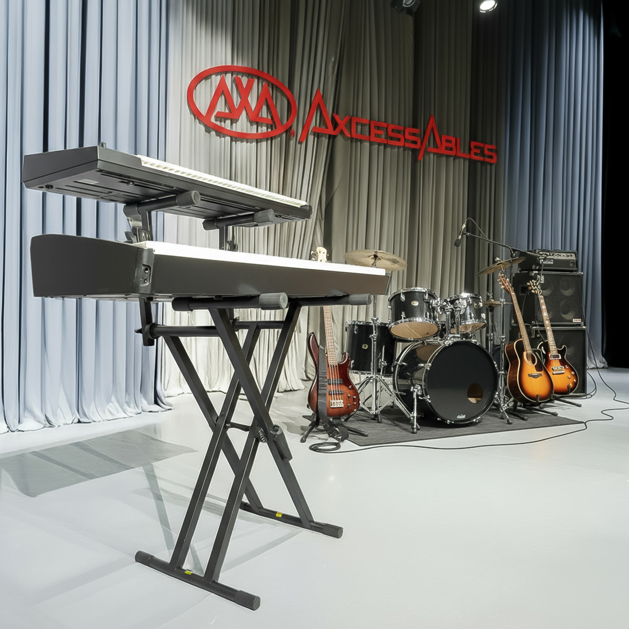 AxcessAbles Dual Tier Keyboard Stand – Heavy Duty Adjustable X-Style Piano Stand with 2nd Tier for 54/61/64/88-Key Digital Pianos, Synths, Laptops & Sheet Music