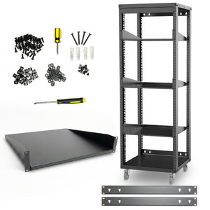30U 19-Inch Open Frame Network &amp; AV Rack with 3 Shelves, Locking Wheels, Cage Nuts &amp; Wall Mount Kit