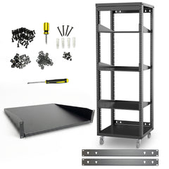 30U 19-Inch Open Frame Network &amp; AV Rack with 3 Shelves, Locking Wheels, Cage Nuts &amp; Wall Mount Kit