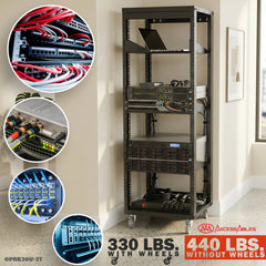 30U 19-Inch Open Frame Network &amp; AV Rack with 3 Shelves, Locking Wheels, Cage Nuts &amp; Wall Mount Kit