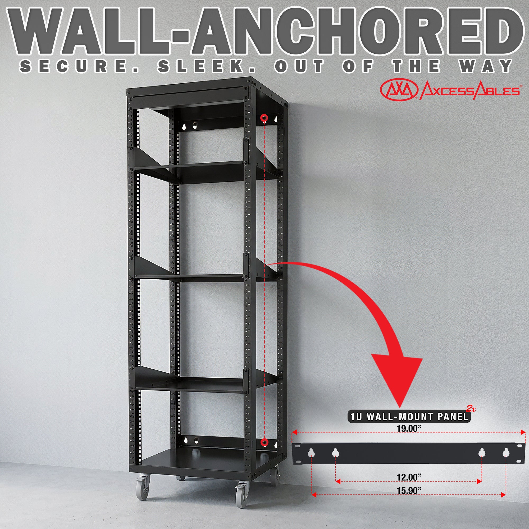 30U 19-Inch Open Frame Network &amp; AV Rack with 3 Shelves, Locking Wheels, Cage Nuts &amp; Wall Mount Kit