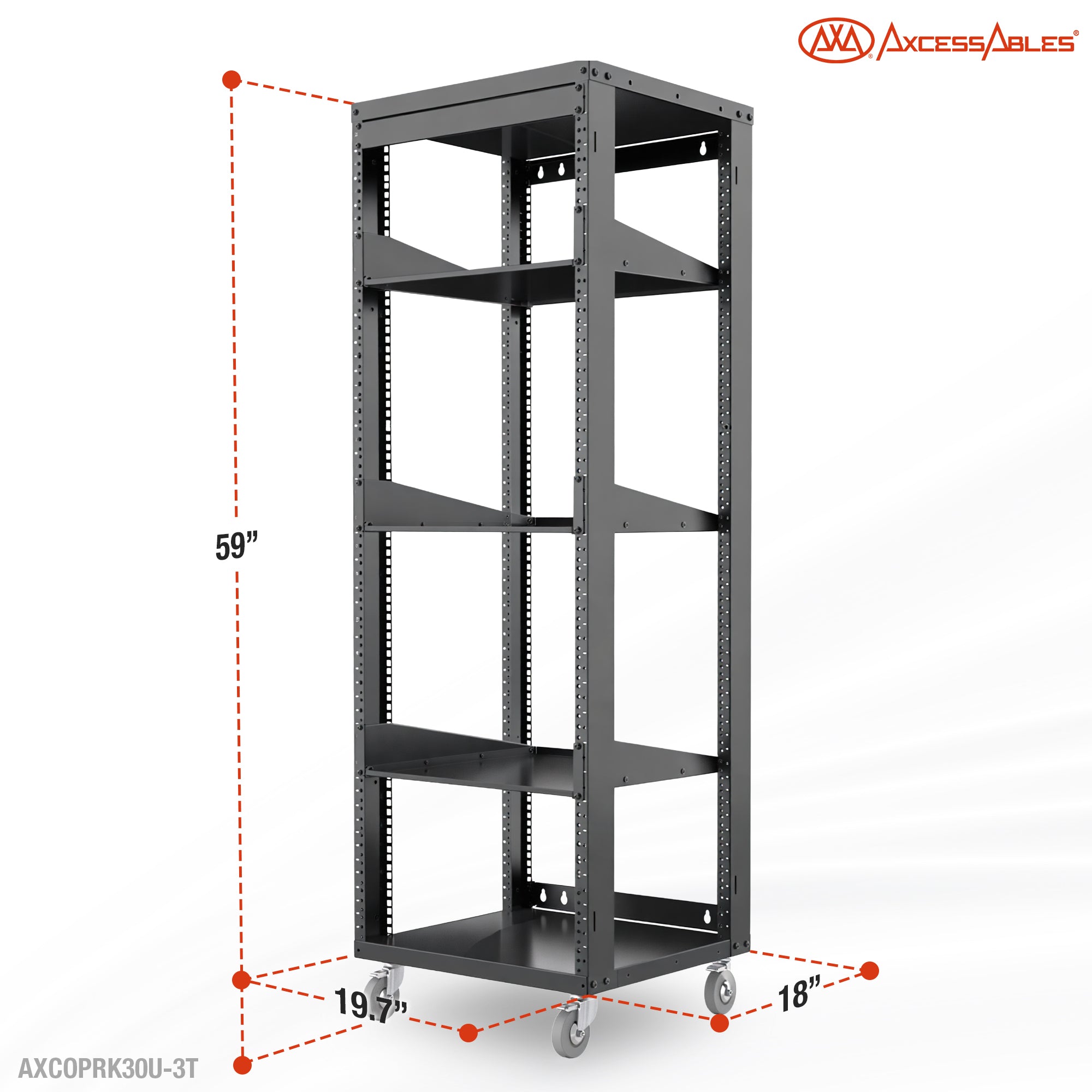 30U 19-Inch Open Frame Network &amp; AV Rack with 3 Shelves, Locking Wheels, Cage Nuts &amp; Wall Mount Kit
