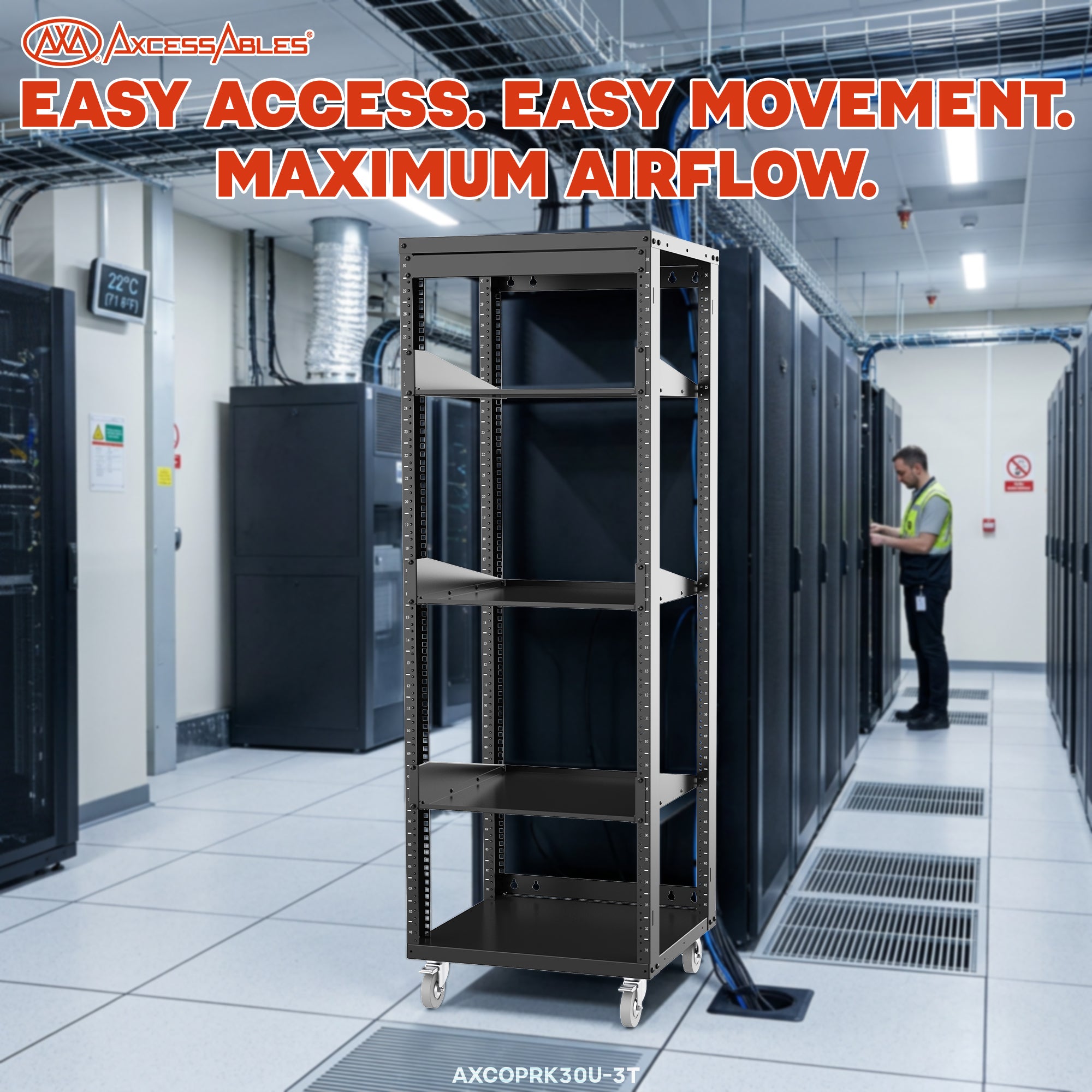 30U 19-Inch Open Frame Network &amp; AV Rack with 3 Shelves, Locking Wheels, Cage Nuts &amp; Wall Mount Kit