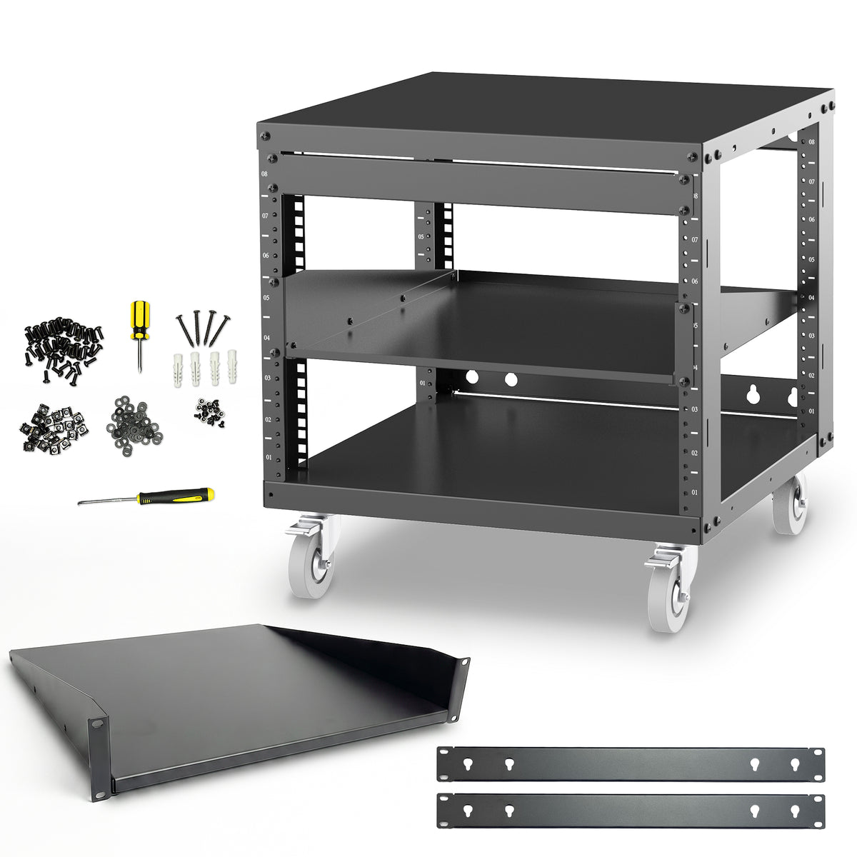 RK8U-1T 8U Open Frame 19-Inch Network & AV Rack with Locking Caster Wheels, 1U Shelf, Cage Nuts, Screws, Wall Mount Kit & Dual Mounting Rails