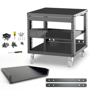 RK8U-1T 8U Open Frame 19-Inch Network & AV Rack with Locking Caster Wheels, 1U Shelf, Cage Nuts, Screws, Wall Mount Kit & Dual Mounting Rails
