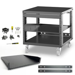 RK8U-1T 8U Open Frame 19-Inch Network & AV Rack with Locking Caster Wheels, 1U Shelf, Cage Nuts, Screws, Wall Mount Kit & Dual Mounting Rails