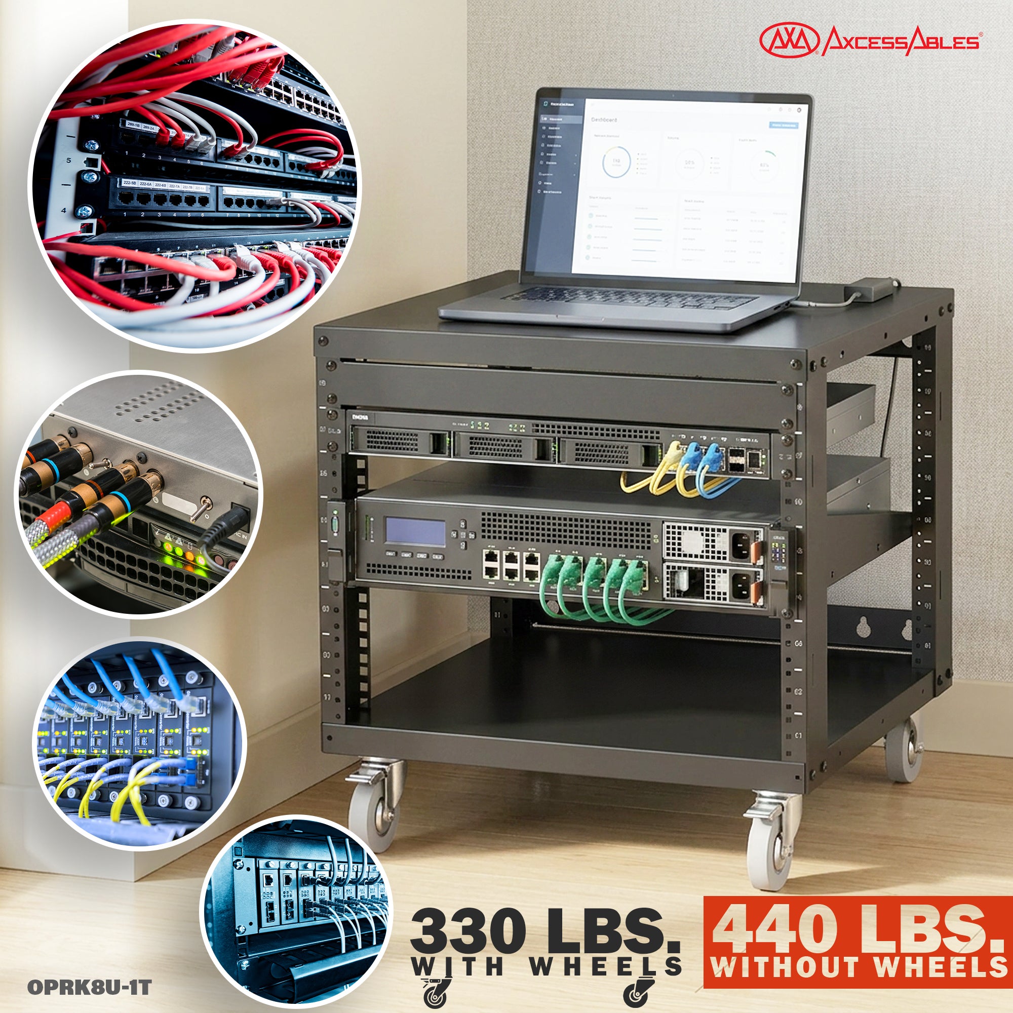 RK8U-1T 8U Open Frame 19-Inch Network & AV Rack with Locking Caster Wheels, 1U Shelf, Cage Nuts, Screws, Wall Mount Kit & Dual Mounting Rails