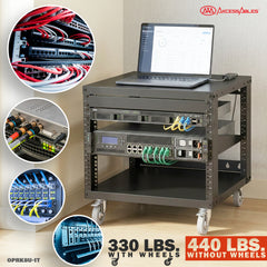 RK8U-1T 8U Open Frame 19-Inch Network & AV Rack with Locking Caster Wheels, 1U Shelf, Cage Nuts, Screws, Wall Mount Kit & Dual Mounting Rails