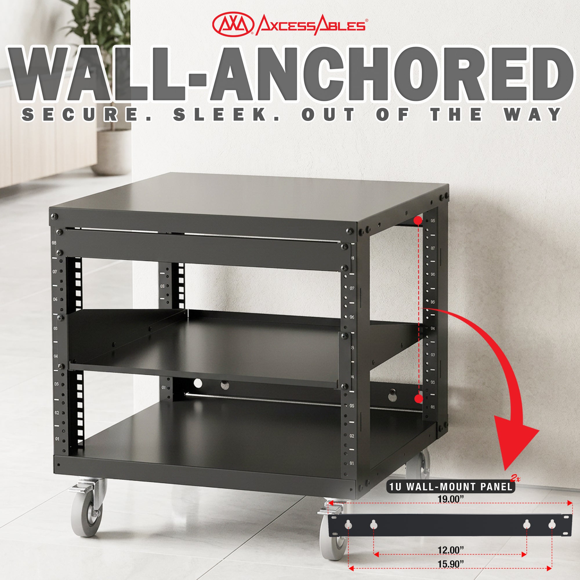 RK8U-1T 8U Open Frame 19-Inch Network & AV Rack with Locking Caster Wheels, 1U Shelf, Cage Nuts, Screws, Wall Mount Kit & Dual Mounting Rails