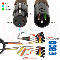 AxcessAbles 10 FT 4 Channel XLR Snake Cable, Color Coded Metal Connectors, XLR Male to XLR Female, 26AWG Oxygen Free Copper, for Live Recording Studios (1 Pack, 10 FT)