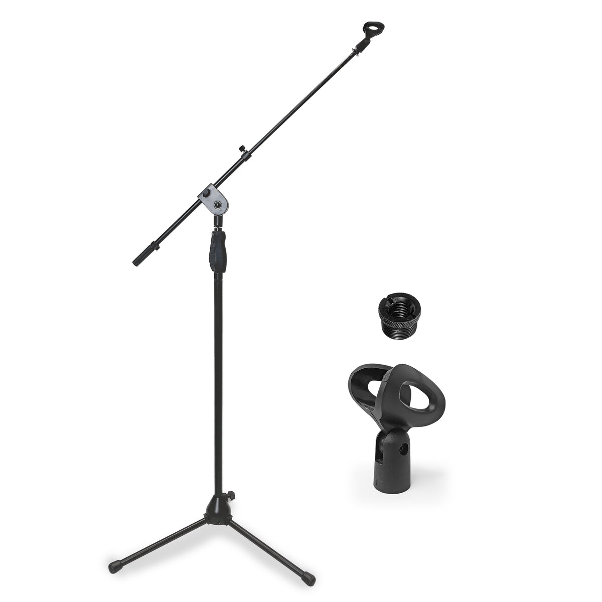 AxcessAbles Tripod Microphone Stand with Clutch Height Adjustment and Telescopic Mic Boom Arm | Soft Grip Squeeze Height Adjustment| Performer's Microphone Stand | Collapsible Tripod Base