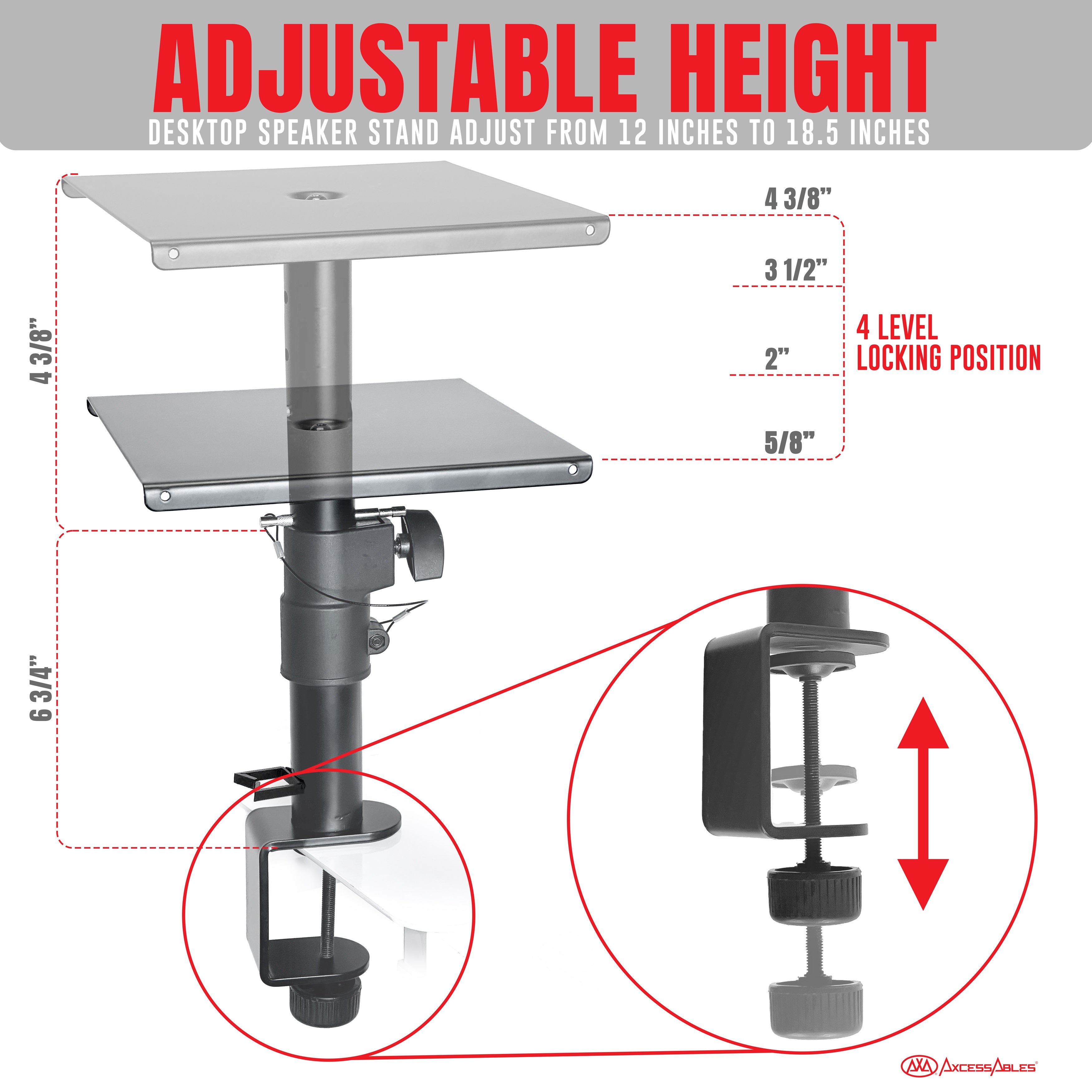 AxcessAbles Desktop Clamp-On Studio Monitor and Speaker Stands | Set of 2 Desktop Clamp Speaker Stands Short Studio Monitor Stands Height Adjustable