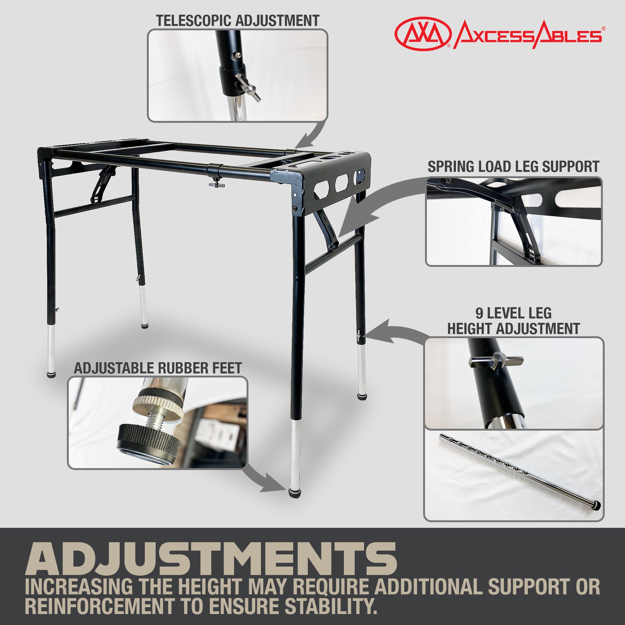 AxcessAbles KBS-BG Portable Folding Keyboard Stand Expandable 32" to 50"W 15"D Adjustable Height from 29" to 39" w/ Carrying Case for Transport and Storage