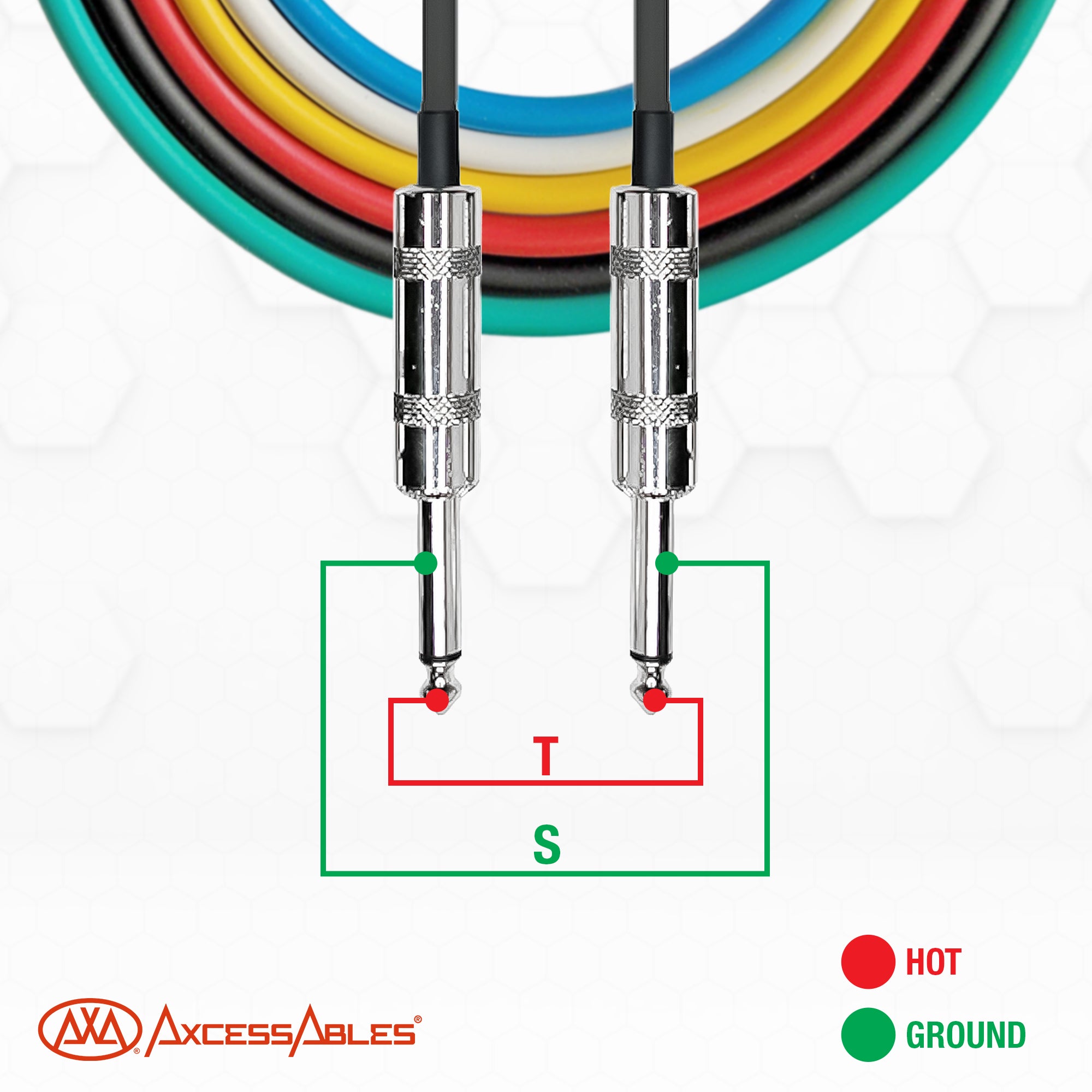 AxcessAbles Audio 6.35mm (1/4-Inch) TS Speakers Guitar Cables - 20ft | TS 1/4" Guitar Cables | Male to Male 20ft Multicolor Instrument Cords (20ft - 6 Pack)