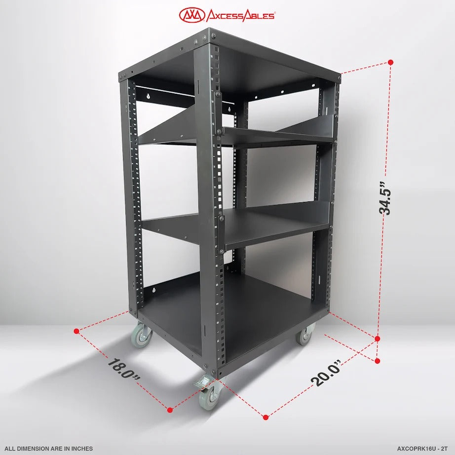AxcessAbles OPRK16U-2T Open Frame Network & AV Rack with Caster Wheels, Two 2U Shelves, 10-32 & Cage Nut Compatible Rails, Cage Nuts, Screws, Cage Nut Tool & Wall Mount Kit | 19-Inch Equipment Rack - 440lb Capacity, 18" Depth