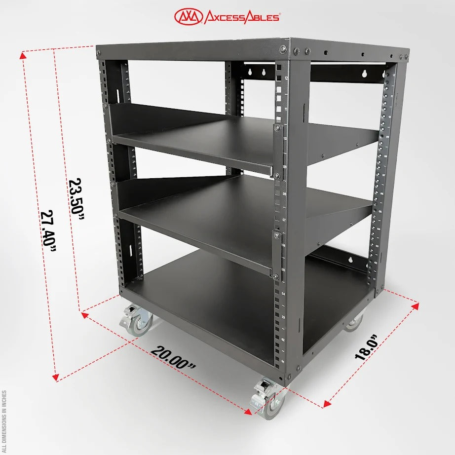 AxcessAbles OPRK12U-2T Open Frame Network & AV Rack with Caster Wheels, Two 2U Shelves, 10-32 & Cage Nut Compatible Rails, Cage Nuts, Screws, Cage Nut Tool & Wall Mount Kit | 19-Inch Rack - 440lb Capacity, 18" Depth