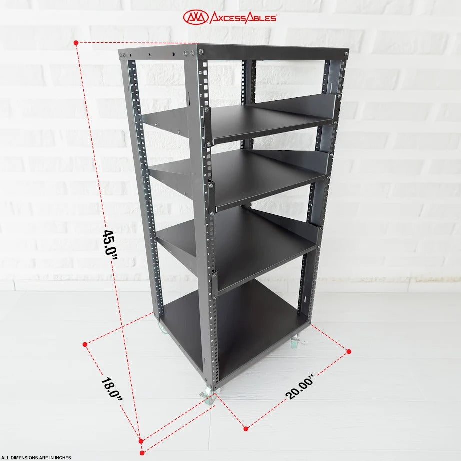 AxcessAbles OPRK22U-3T Open Frame Network & AV Rack with Caster Wheels, Three 2U Shelves, 10-32 & Cage Nut Compatible Rails, Cage Nuts, Screws, Cage Nut Tool & Wall Mount Kit | 19-Inch Equipment Rack - 440lb Capacity, 18" Depth