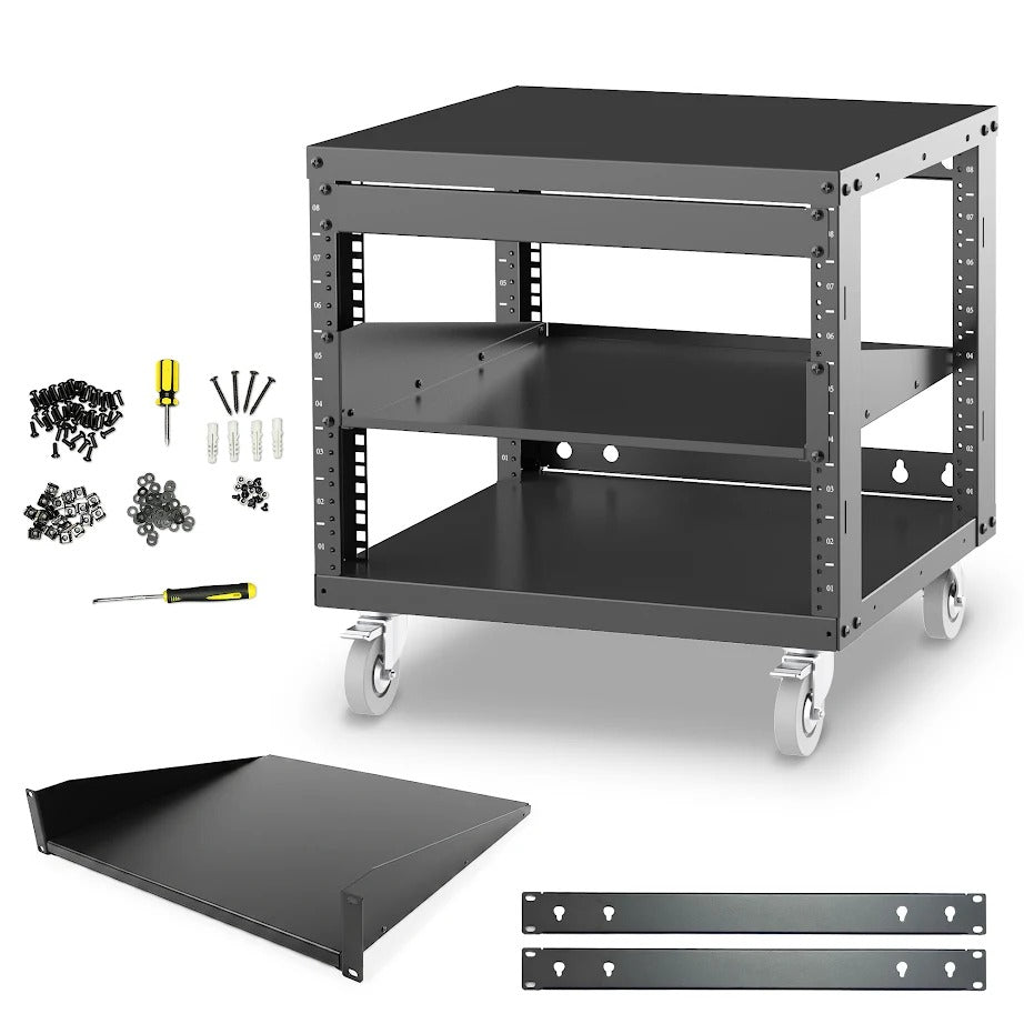 AxcessAbles OPRK8U-1T Open Frame Network & AV Rack with Caster Wheels, One 1U Shelf, 10-32 & Cage Nut Compatible Rails, Cage Nuts, Screws, Cage Nut Tool & Wall Mount Kit | 19-Inch Rack - 440lb Capacity, 18" Depth