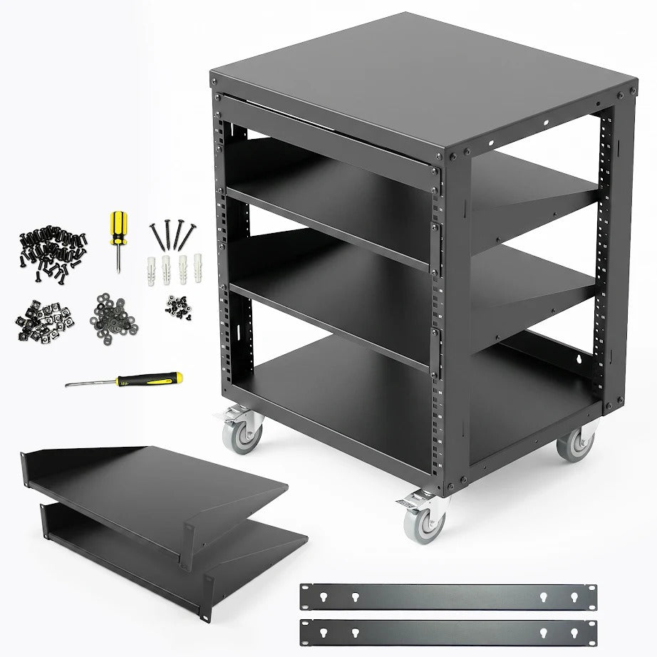 AxcessAbles OPRK12U-2T Open Frame Network & AV Rack with Caster Wheels, Two 2U Shelves, 10-32 & Cage Nut Compatible Rails, Cage Nuts, Screws, Cage Nut Tool & Wall Mount Kit | 19-Inch Rack - 440lb Capacity, 18" Depth