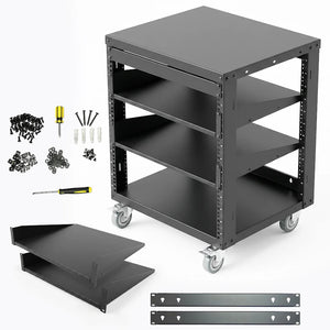 AxcessAbles OPRK12U-2T Open Frame Network & AV Rack with Caster Wheels, Two 2U Shelves, 10-32 & Cage Nut Compatible Rails, Cage Nuts, Screws, Cage Nut Tool & Wall Mount Kit | 19-Inch Rack - 440lb Capacity, 18" Depth