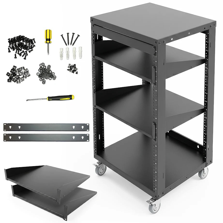 AxcessAbles OPRK16U-2T Open Frame Network & AV Rack with Caster Wheels, Two 2U Shelves, 10-32 & Cage Nut Compatible Rails, Cage Nuts, Screws, Cage Nut Tool & Wall Mount Kit | 19-Inch Equipment Rack - 440lb Capacity, 18" Depth