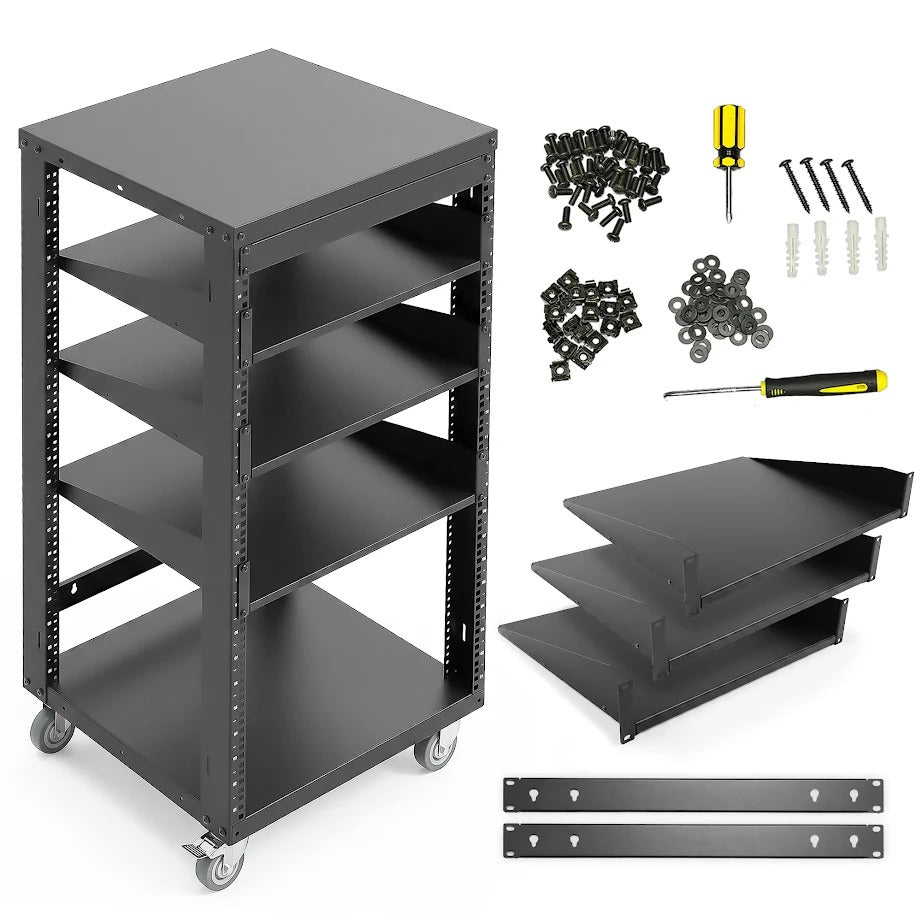 AxcessAbles OPRK22U-3T Open Frame Network & AV Rack with Caster Wheels, Three 2U Shelves, 10-32 & Cage Nut Compatible Rails, Cage Nuts, Screws, Cage Nut Tool & Wall Mount Kit | 19-Inch Equipment Rack - 440lb Capacity, 18" Depth