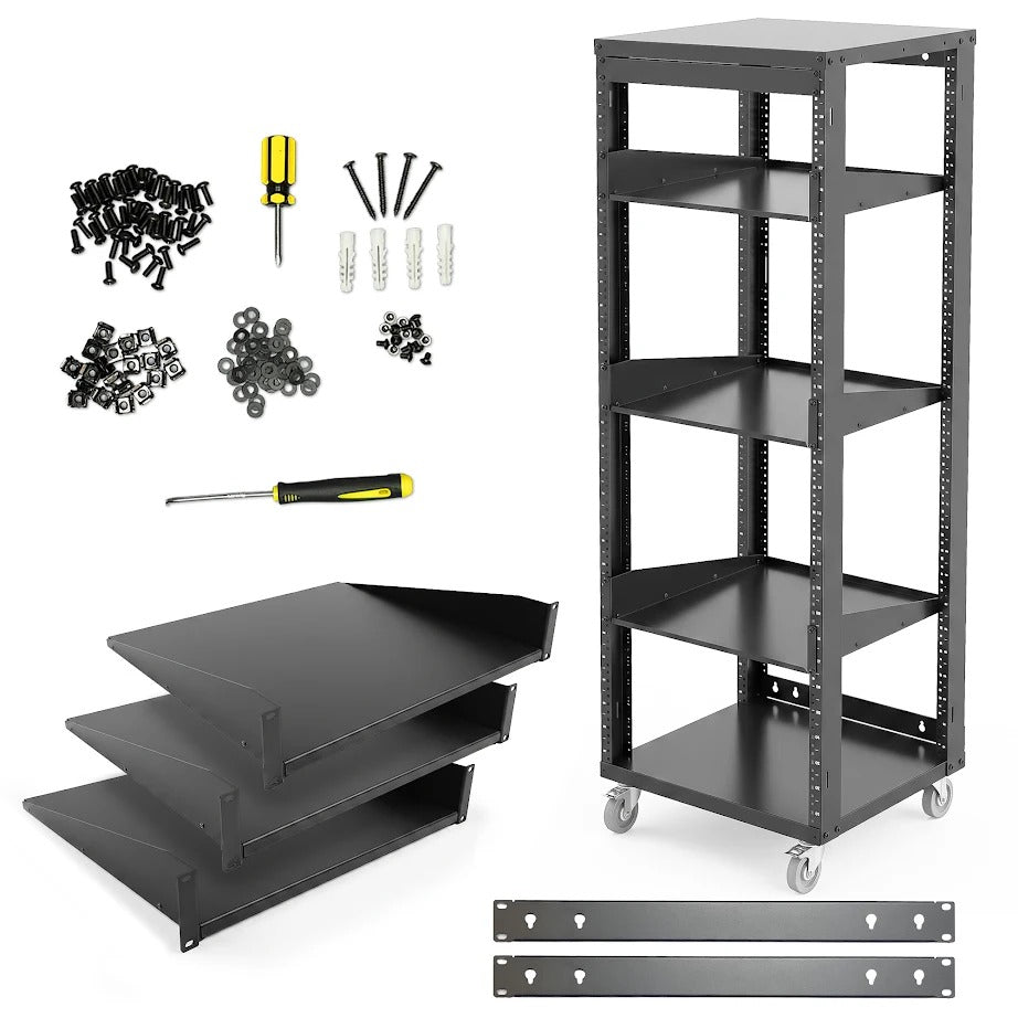 AxcessAbles OPRK30U-3T Open Frame Network & AV Rack with Caster Wheels, Three 2U Shelves, 10-32 & Cage Nut Compatible Rails, Cage Nuts, Screws, Cage Nut Tool & Wall Mount Kit | 19-Inch Equipment Rack - 440lb Capacity, 18" Depth
