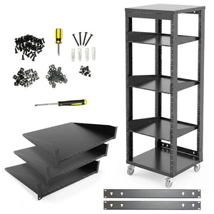 AxcessAbles OPRK30U-3T Open Frame Network & AV Rack with Caster Wheels, Three 2U Shelves, 10-32 & Cage Nut Compatible Rails, Cage Nuts, Screws, Cage Nut Tool & Wall Mount Kit | 19-Inch Equipment Rack - 440lb Capacity, 18" Depth