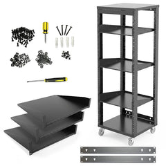 AxcessAbles OPRK30U-3T Open Frame Network & AV Rack with Caster Wheels, Three 2U Shelves, 10-32 & Cage Nut Compatible Rails, Cage Nuts, Screws, Cage Nut Tool & Wall Mount Kit | 19-Inch Equipment Rack - 440lb Capacity, 18" Depth