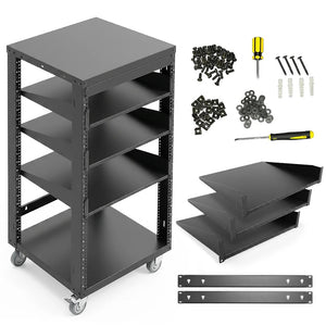 AxcessAbles OPRK22U-3T Open Frame Network & AV Rack with Caster Wheels, Three 2U Shelves, 10-32 & Cage Nut Compatible Rails, Cage Nuts, Screws, Cage Nut Tool & Wall Mount Kit | 19-Inch Equipment Rack - 440lb Capacity, 18" Depth